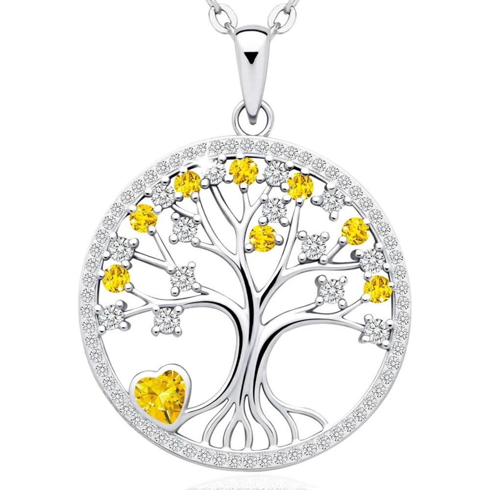Women's Yellow Sterling Pendant Charm Adjustable Chain Birthstone Tree Necklace